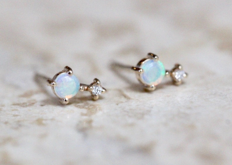 14K Gold Opal Diamond Earrings, Love Drop, Opal Studs, Diamond Earrings, October Birthstone, Two Stone Stud, Australian Opal, Drop Stud image 3