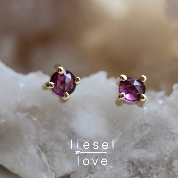 14K Gold Rhodolite Garnet Studs, Rhodolite Garnet, Red Stone, Purple Stone, January Birthstone, Rose Cut Gemstone, Four Prong, Solid Gold