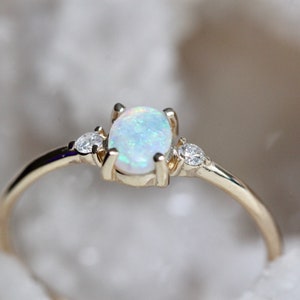 14K Gold Opal Diamond Ring, Three Stone Ring, Multicolor Stone ...
