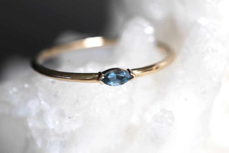 14K Gold Marquise Aquamarine Ring, Wink Ring, Stacking Ring, Midi Ring, 10K Promise Ring, Light Blue Stone, Aqua, Solid Gold Stacking Ring image 5