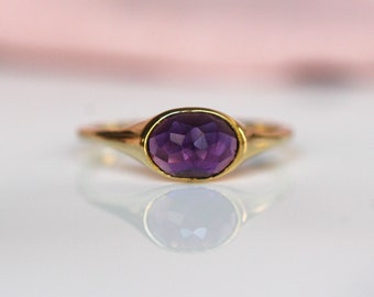 Solid Gold East West Oval Amethyst Bezel Ring (14K or 10K)