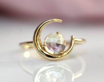 14K White Topaz Crescent Moon Ring, Half Moon Ring, Dreamy Jewelry, Rose-cut Stone, 10K Gold, Solid Gold ring, Star and Moon, Celestial