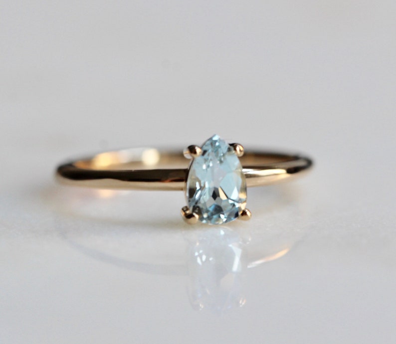 14K Gold Aquamarine Pear Solitaire Ring, Tear Shape Ring, Gemstone Engagement Ring, Light Blue Stone, Aqua Stone, Pear Shape, Drop Shape image 8