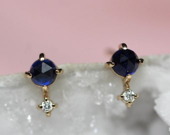 14K Gold Blue Sapphire Studs, Solid Gold Studs, Rose-cut Stone, September Birthstone, Blue Stone, Diamond Sapphire Earrings, Butterfly Backs