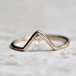 14K Diamond Chevron Ring, V Ring, Solid Gold, Stacking Ring, Wedding Band, Triangle Ring, Deep V, Single Stone, Curved Ring, Geometric Ring image 2