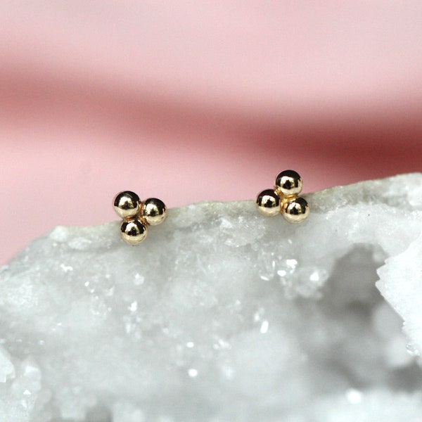 Solid 14K Gold Bead Studs, Triangle Studs, Three Dot Studs, Real Gold, Beaded Studs, Dot Studs, Triple Dot Studs, Solid Gold, Bead Stud
