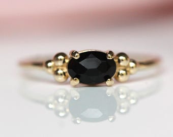 14K Onyx Triple Bead Ring, Rose-cut Oval Onyx, Black Stone Ring, 10K Gold, Solid Gold Ring, Accented Stone, East West Oval, Low Profile