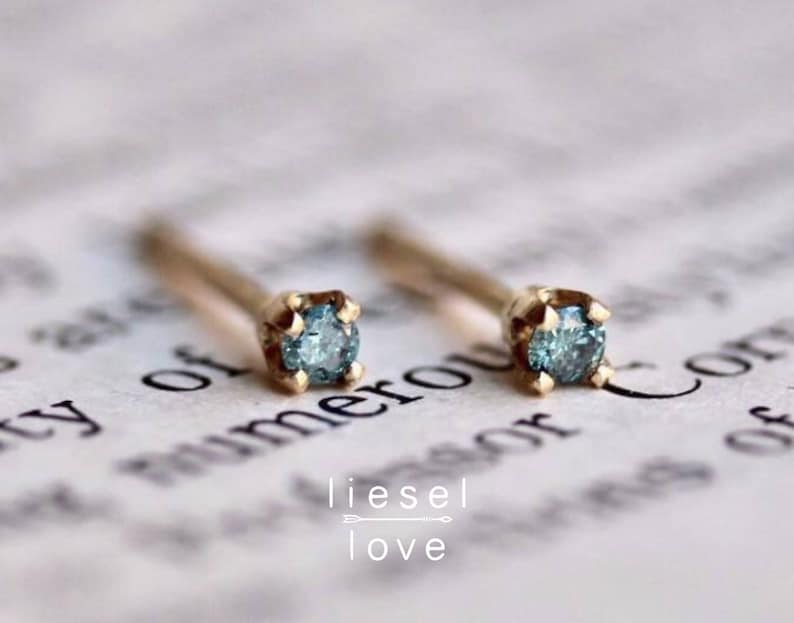 14K Gold Tiny Blue Diamond Studs, Blue Diamond, Diamond Earrings, Tiny Studs, Dainty Earrings, Second Hole Studs, Four Prong Earring image 6