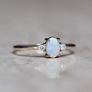 14K Gold Opal Diamond Ring, Three Stone Ring, Multicolor Stone ...