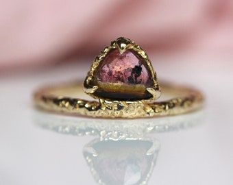 14K Gold Watermelon Tourmaline Ring, One of Kind, OOAK, Ready to Ship, Floating Stone Ring, Unique Gemstone, Pink and Green, Solid Gold