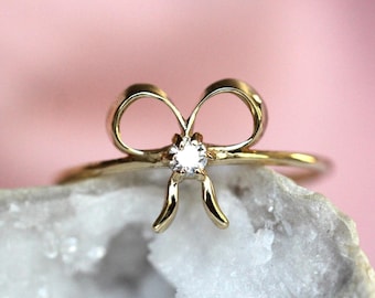 14K Gold Ribbon Ring, Diamond Ribbon Ring, Diamond Bow Ring, Gift for Her, 10K Gold Ring, Dainty Jewelry, Minimal Jewelry, Self Love Ring