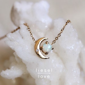 14K Opal Diamond Moon Necklace, &quot;Moon of My Life&quot; Necklace, Opal Necklace, Dainty Jewelry, Astrology Necklace, Moon and Star, Opal Jewelry