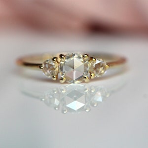 14K Gold Rose Cut Diamond Ring, Three Stone Ring, Rosecut Stone, Engagement Ring, 10K Round Diamond, Minimal Jewelry, Prong Ring, Solid Gold