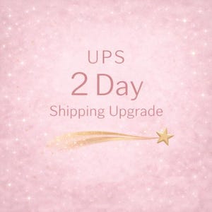 May include: A pink background with the text "UPS 2 Day Shipping Upgrade". A gold shooting star with a star at the end is on the bottom right corner. The background has a glitter effect.