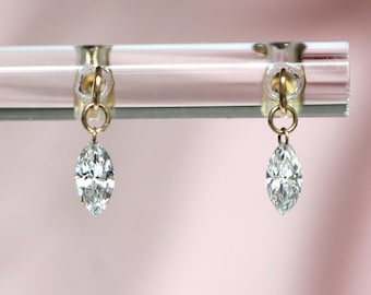 14K Floating Marquise Diamond Stud, Floating Diamond Studs, Solid Gold, Minimal Jewelry, Drop Earrings, Lab Made, Real Gold