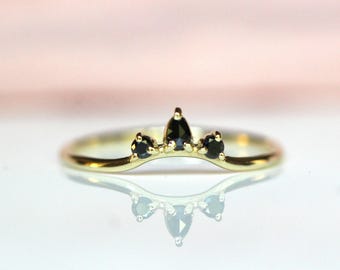 14K Curved Pear Black Diamond Ring, Three Stone Ring, Wedding Band, Diamond Wedding Band, Curved Stacking Ring, Arched ring, 10K