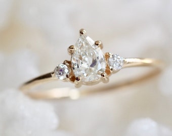 14K Gold Pear Diamond Three Stone Ring