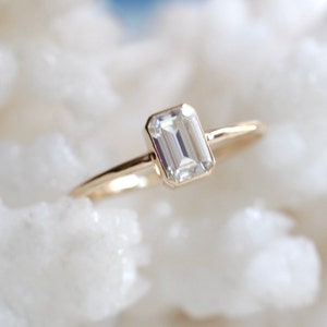 14K Gold Octagon Moissanite Ring, Emerald Cut Bezel, Moissanite Engagement Ring, Solitaire Ring, Diamond Substitute, Step Cut stone
