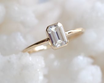14K Gold Octagon Moissanite Ring, Emerald Cut Bezel, Moissanite Engagement Ring, Solitaire Ring, Diamond Substitute, Step Cut stone