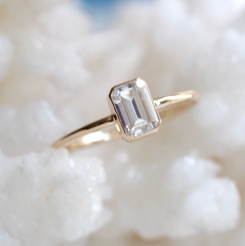 14K Gold Octagon Moissanite Ring, Emerald Cut Bezel, Moissanite Engagement Ring, Solitaire Ring, Diamond Substitute, Step Cut stone image 1