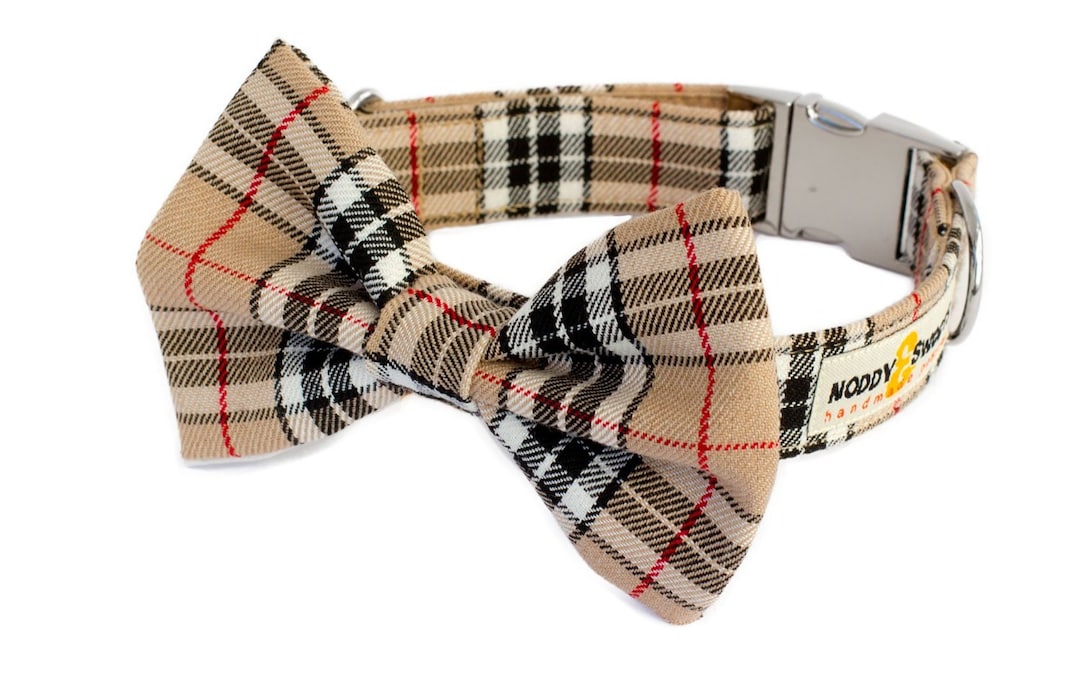 Noddy & Sweets Adjustable Metal Clasp Dog Collar With Bow Tie tartan Tan Etsy