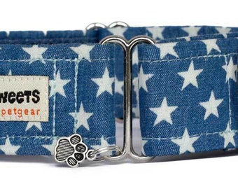 Noddy & Sweets Adjustable Martingale Collar [1", 1.5", 2" Denim Stars]