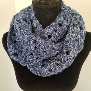 Handmade Crochet Infinity Scarf: Blue & White Shell Stitch Cowl