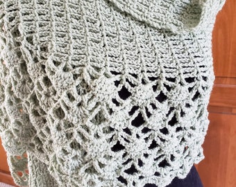Crochet Lacy Shawl: Green Lightweight Wrap, Spring Summer Scarf