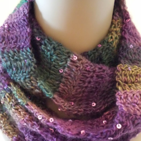 Infinity Cowl Sequin Scarf Crocheted Multicolor yarn