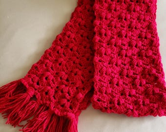 Handmade Crochet Red Scarf: Fringed Acrylic Winter Scarf