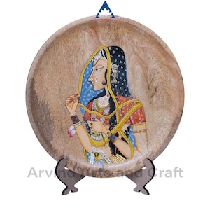 10inches round bani thani potrait of beautiful lady handmade mango wood wall plate for home office decoration from rajasthan indian artdecor