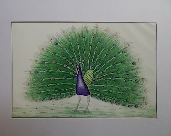 Indian miniature painting of peacock on silk