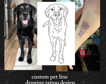 May include: A collage featuring a black dog, a line drawing of the dog, and a tattoo of the line drawing. The text "custom pet line drawing tattoo design" is at the bottom. The dog is smiling with its tongue out.