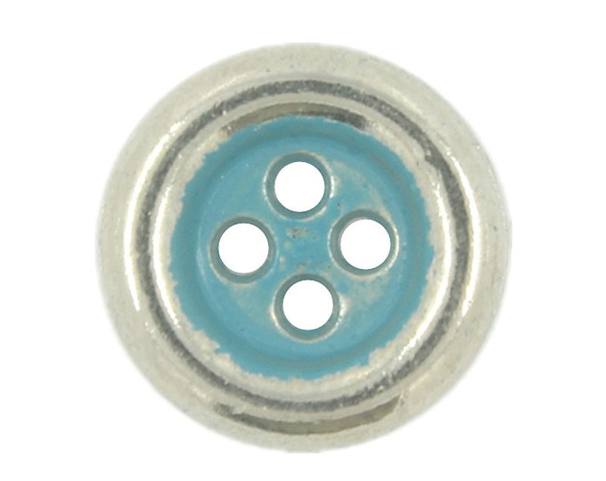Metal Buttons - Silver Metal Hole Buttons with Greenish Blue Painting - 11mm - 7/16 inch - 6 pcs