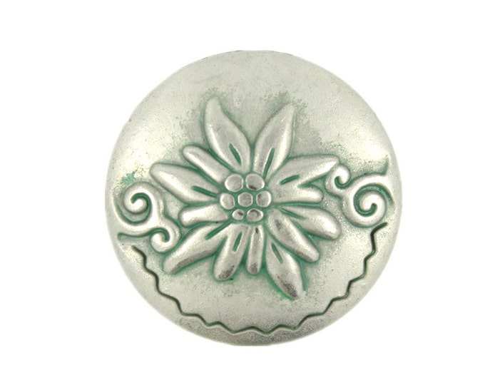 Metal Buttons - Edelweiss Green Patina Silver Metal Shank Buttons - 25mm - 1 inch - 6 pcs