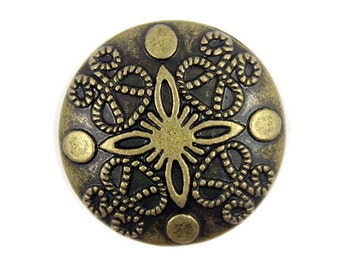 Metal Buttons - Damascene Carvings Design Antique Brass Metal Shank Buttons - 25mm - 1 inch - 6 pcs