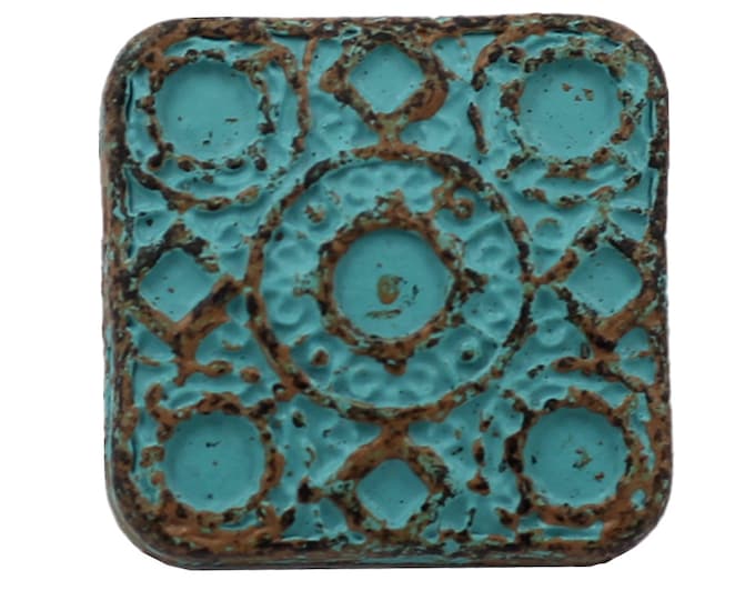 Square Metal Buttons - Round and Square Matrix Green Patina Metal Shank Buttons - 17mm - 11/16 inch - 2 pcs