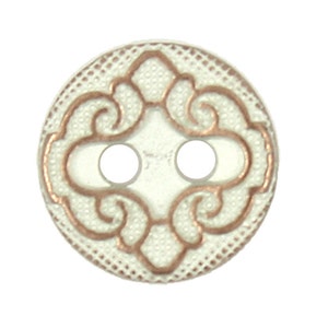 May include: White button with a two-hole design and a decorative copper-coloured pattern.