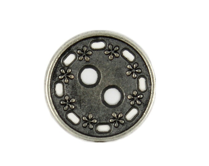 Metal Buttons - Floret Wreath Metal Hole Buttons in Gray Silver Color - 11mm - 7/16 inch - 6 pcs