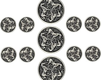 Celtic Horses Metal Shank Buttons. Blazer Button Set. 3 Pcs of 25mm, 8 Pcs of 18mm (Antique Silver)