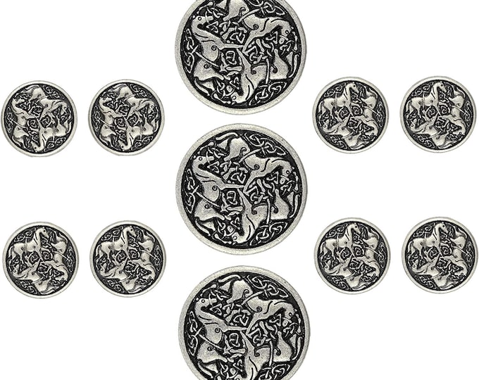 Celtic Horses Metal Shank Buttons. Blazer Button Set. 3 Pcs of 25mm, 8 Pcs of 18mm (Antique Silver)