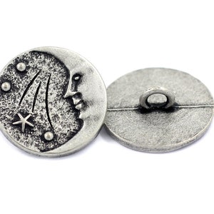 Antique Silver Man in the Moon Starry Night Metal Shank Buttons - 0.79 inch - 6 pcs
