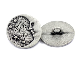 Antique Silver Man in the Moon Starry Night Metal Shank Buttons - 0.79 inch - 6 pcs