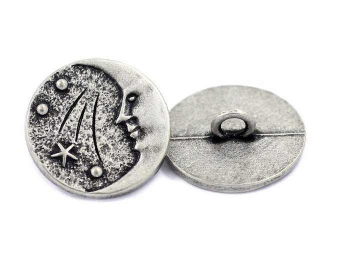 Antique Silver Man in the Moon Starry Night Metal Shank Buttons - 0.79 inch - 6 pcs