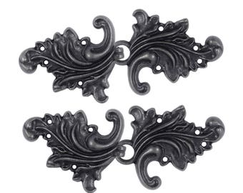 2 Pairs Asymmetric Acanthus Leaf Cloak Clasp Hook And Eye Vintage Black Fasteners. 66mm x 28mm Fastened.