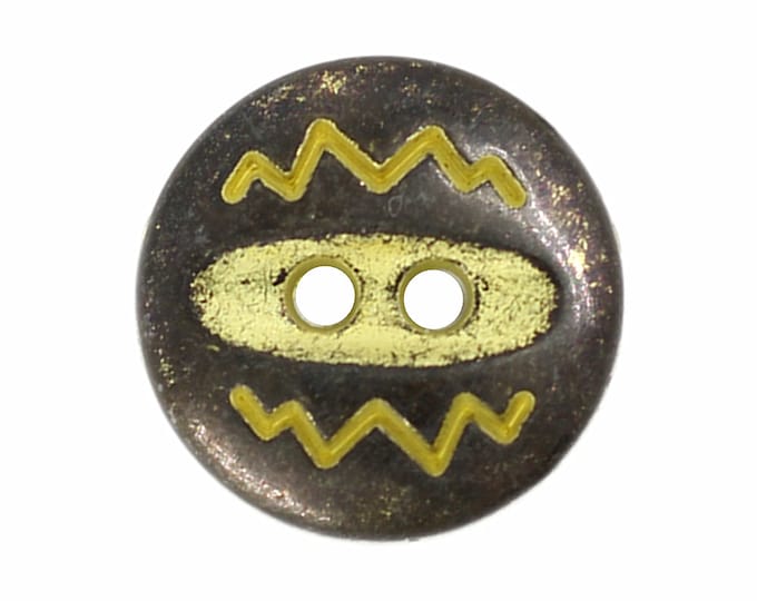 Metal Buttons - Zig-Zag Pattern Metal Hole Buttons , Gunmetal Yellow Color - 15mm - 5/8 inch - 6 pcs