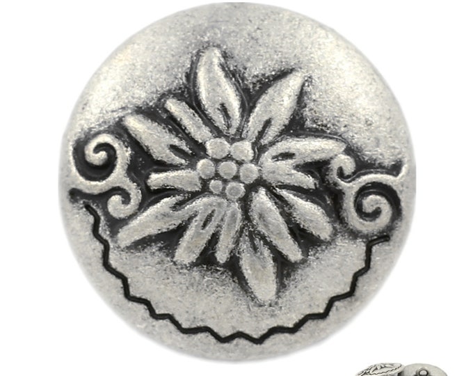Metal Buttons - Antique Silver Edelweiss Metal Ring Shank Buttons - 20mm - 3/4 inch - 6 pcs