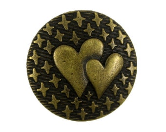 Metal Buttons - Stars and Double Heart Metal Shank Buttons in Antique Brass Color - 20mm - 3/4 inch - 6 pcs