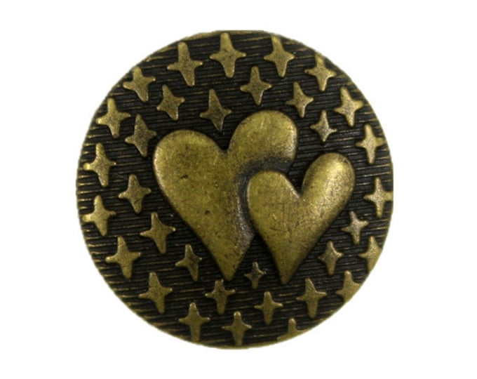 Metal Buttons - Stars and Double Heart Metal Shank Buttons in Antique Brass Color - 20mm - 3/4 inch - 6 pcs
