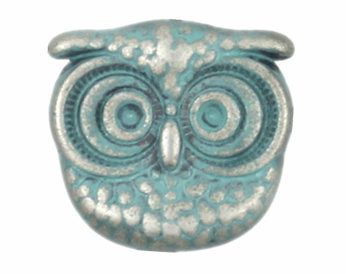 Owl Metal Buttons - Owl Antique Silver Cyan Patina Metal Shank Buttons - 16mm - 5/8 inch - 6 pcs